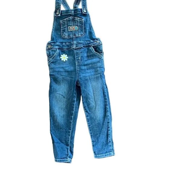 Mango denim overalls for girls size 3 year old. Embellished with Daisy patches. - Picture 1 of 3